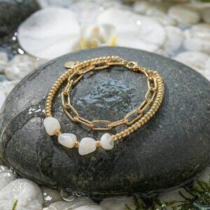 NEW 18K Gold Plated Double Chain Baroque Pearl Bracelet | Trendy & Adjustable